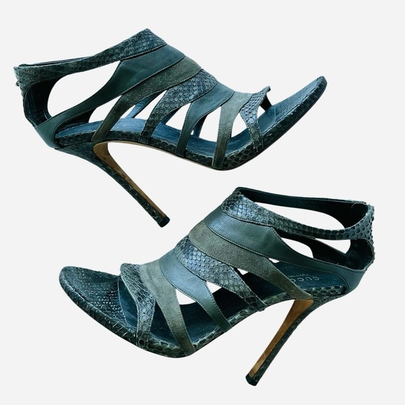 Rare Gucci Snakeskin & Leather Strappy Stiletto Sandals 38.5 Olive Green - Picture 2 of 8